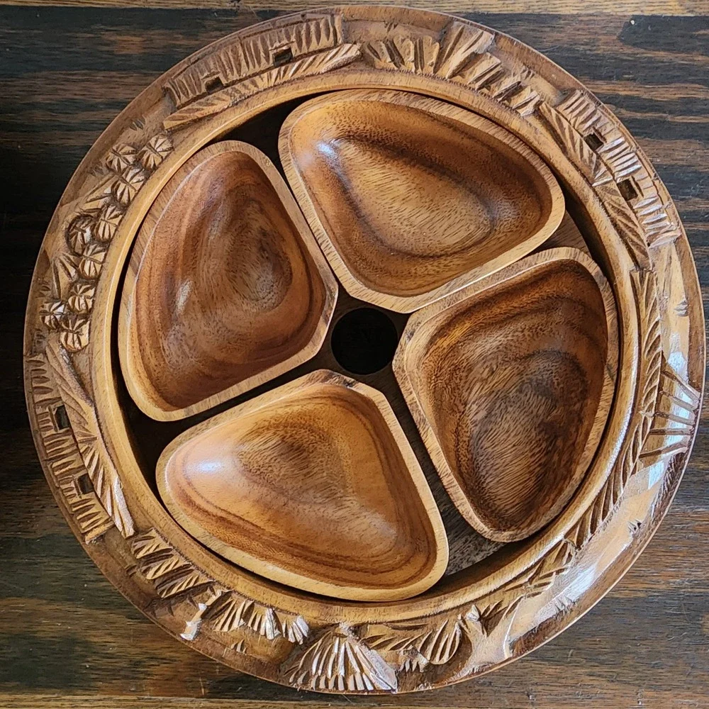 Hand Carved 3 Tier‎ Teak Pineapple Monkey Pod Lazy Susan Serving Tower Vintage